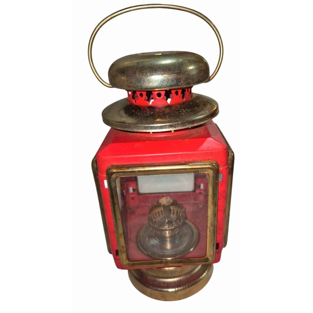 Vintage Red & Brass Miniature Kerosene Lantern With Glass Panels